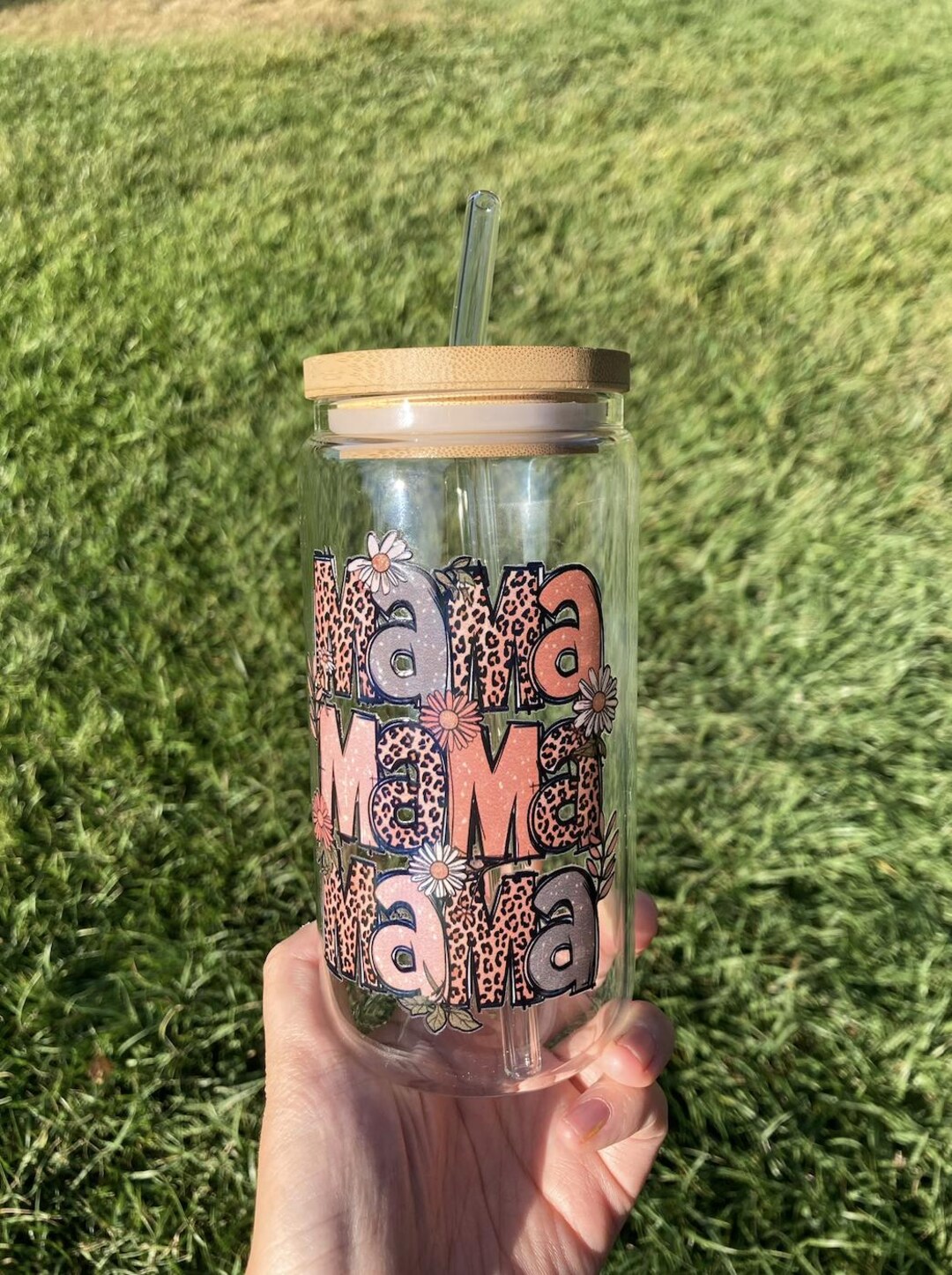 Mama Iced Coffee Glass Can With Bamboo Lid & Straw - Etsy