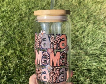 Mama Iced Coffee Glass Can with Bamboo Lid & Straw