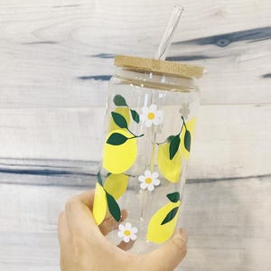 Lemon Iced Coffee Glass – Beer Can Cup with Straw & Lid – Cute Lemon Design, Cold Brew Cup, Summer Drinkware, Coffee Lover Gift