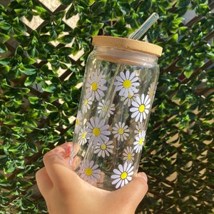 Daisy Ice Coffee Glass Can Cup, Daisy Gifts, Daisy Glass Tumbler, Retro Flower Beer Can Glass, Daisy Soda Can Glass,Daisy Gifts For Women