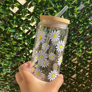 Daisy Ice Coffee Glass Can Cup, Daisy Gifts, Daisy Glass Tumbler, Retro Flower Beer Can Glass, Daisy Soda Can Glass,Daisy Gifts For Women