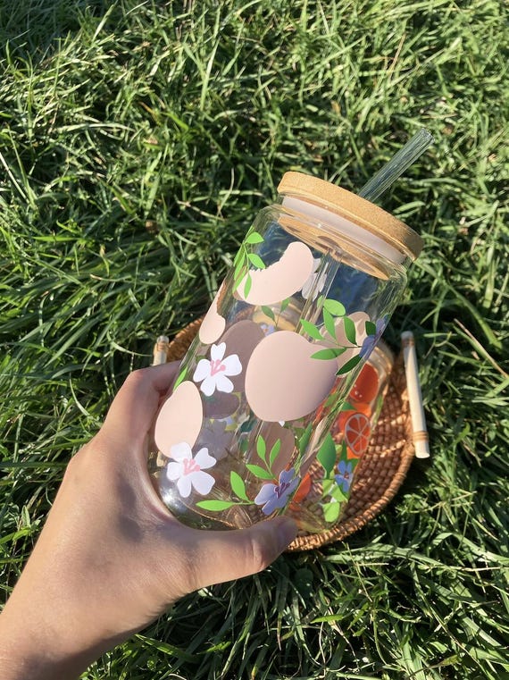 Peach Iced Coffee Glass: 16oz Beer Can Cup With Lid & Straw - Etsy