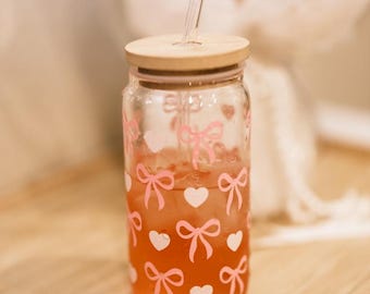 Rosa Schleifenglas Dose: Kokette Eiskaffeebecher (450 ml)