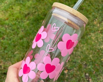 Valentine's Day Glass Cup: Flower Heart Beer Can Glass with Lid & Straw