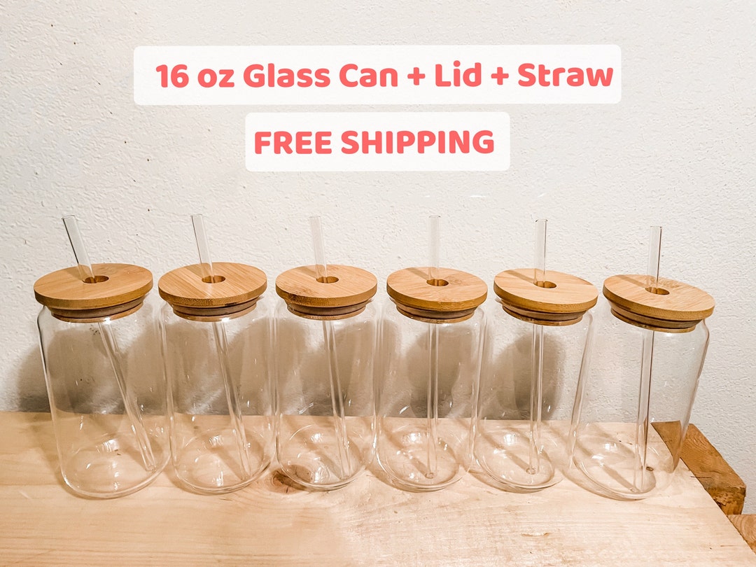Blank Beer Can Glasses With Bamboo Lids & Glass Straws: 16oz Reusable ...