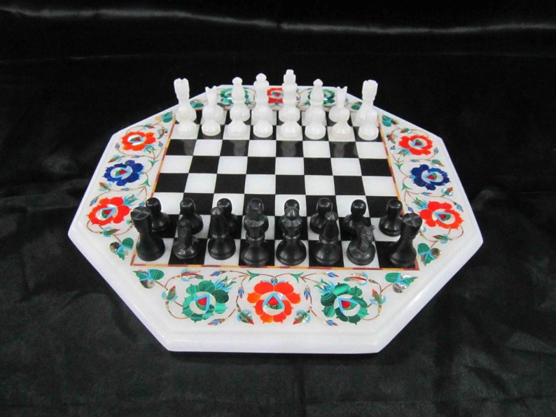 Chess Board Rare Handmade Marble Inlay Table Antique Look Etsy