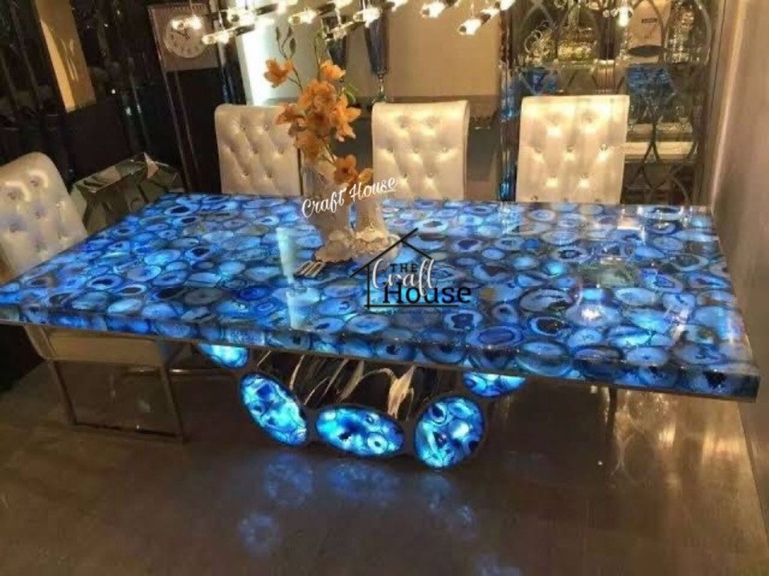 CRAFT 152cm x Bleu Agate Centre Table Top Demi Précieux Pierres Travail Main Décor 