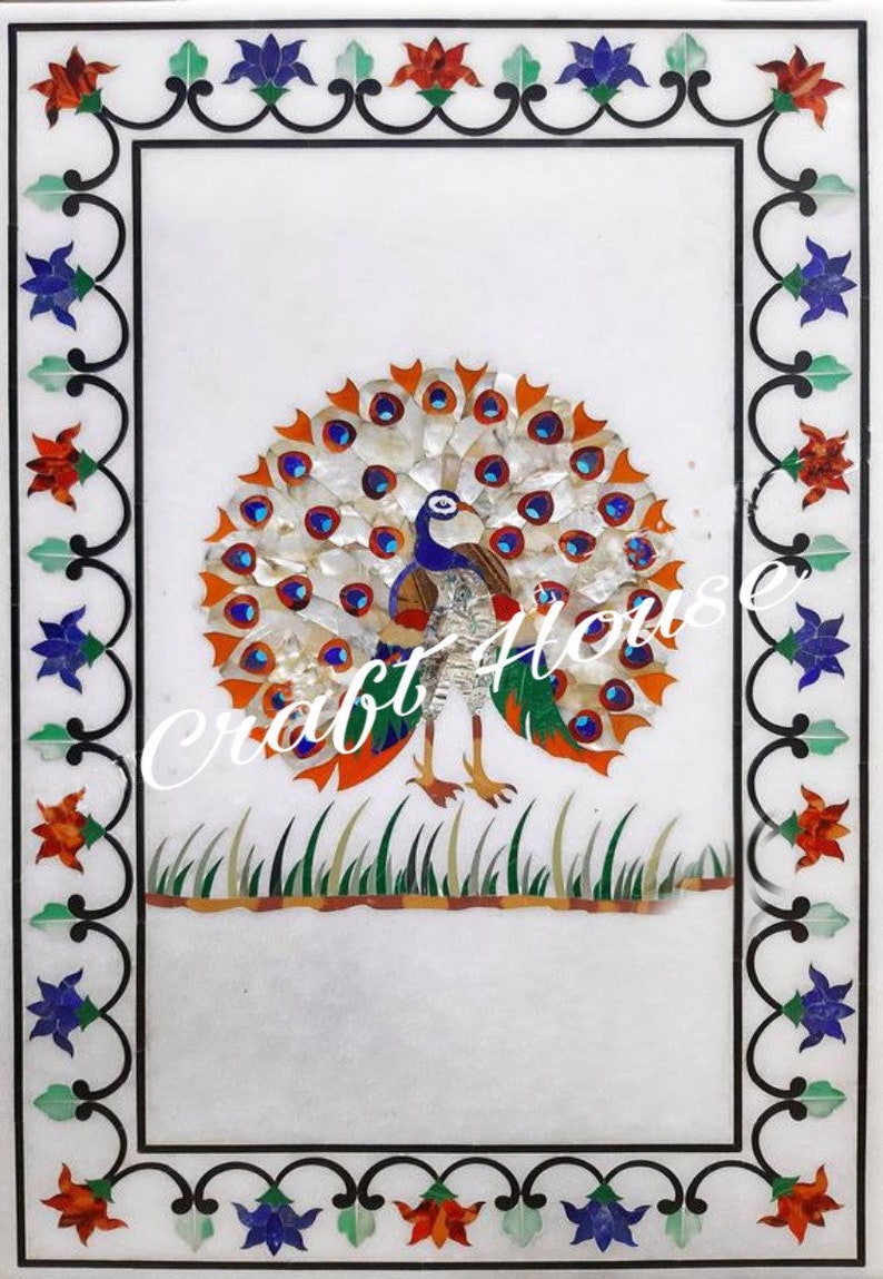 White Marble Table Top / Wall Decor Peacock Bird Inlay Modern Etsy