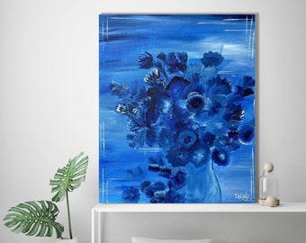 Blue flower oil painting large / Hydrangea painting on canvas / Bouquet oil painting / Flowers in a vase artwork 23*19 inches
