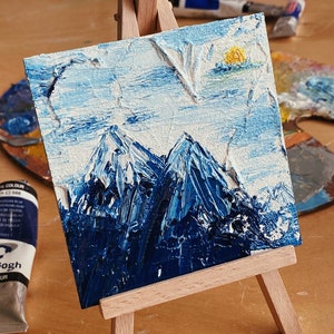 Miniature oil artwork / Winter mountains painting mini / Original small oil painting / Mini canvas oil painting