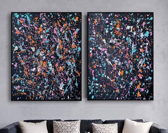 Set of 2 Wall Art | Abstract Colorful Painting Large | Diptych Wall Art | Paint Splatter Canvas | Drip Textured Wall Art Set