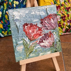 Mini flower painting / Miniature oil art / Flowers original painting / Impasto technique 4x4 inches / Mini art