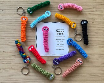 Worry Worm, Handmade Crochet Happy Worm - for worry,  comfort, stress, anxiety, sensory, fidget, mental health, autism