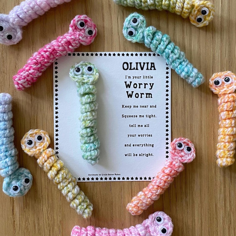 Worry Worm, SHERBET EDITION, Handmade Crochet Happy Worm - for worry, comfort, stress, anxiety, sensory, fidget, mental health, autism Bild 1