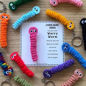 Worry Worm, Handmade Crochet Worm Keyring - aid for worry, comfort, stress, anxiety, fidget, mental health, autism, back to school gift