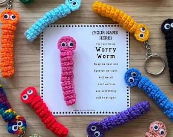 Worry Worm, Handmade Crochet Worm Keyring - aid for worry, comfort, stress, anxiety, fidget, mental health, autism, back to school gift