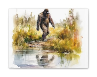 Bigfoot / Sasquatch By Lake Canvas Portrait Wall Decor Hanging