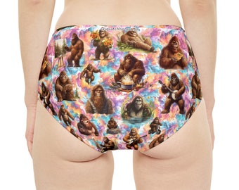 Sasquatch Bigfoot on Rainbow Swirl High-Waist Hipster Bikini Bottom (AOP)