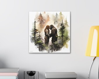 Bigfoot / Sasquatch and Human Equal Canvas Portrait Wall Decor / Hanging