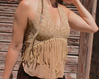 Fringe top neckholder camel -Yoga, mode festival, goa, transe, rave