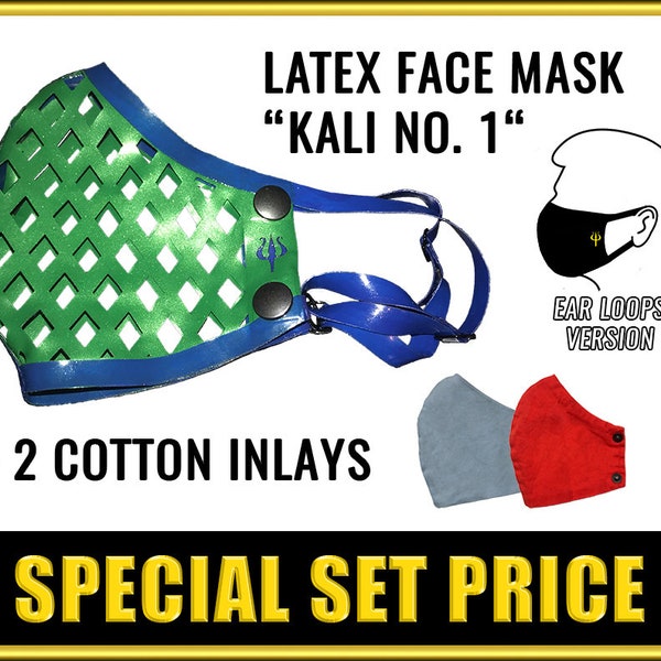 LATEX FACE MASK "Kali No. 1" Ear Loops Version & 2 Cotton / Baumwoll Inlays - 50.000 shiny Color Combinations / Mund-Nasen-Schutz / Maske