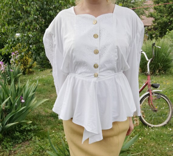 80s Vintage White Peplum Blouse, Puff Lace Sleeves