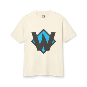 May include: A cream-colored t-shirt with a blue and black logo. The logo is a stylized letter "W" with a flame inside a diamond shape.