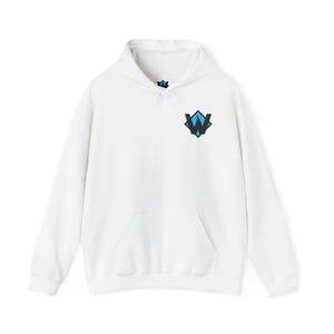 May include: White hooded sweatshirt with a blue and black logo on the front. The logo is a stylised letter "W" inside a diamond shape.