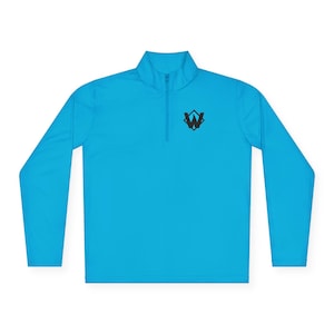 May include: A bright blue long-sleeved shirt with a quarter-zip closure. The shirt features a black logo with a stylized "W" inside a geometric shape.