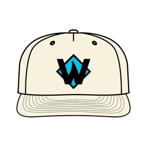 May include: A beige baseball cap with a black and blue logo featuring a stylized "W" inside a diamond shape.
