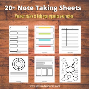 Könnte beinhalten: Ein Satz druckbarer Notizblätter in verschiedenen Stilen. Die Blätter bieten verschiedene Layouts, darunter eine Liste mit Kästchen, eine Zeitleiste, eine Mindmap und ein Zieldiagramm. Der Text "20+ Note Taking Sheets" und "Various styles to help you organize your notes" befindet sich oben im Bild.