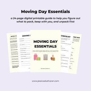 Könnte beinhalten: Ein 24-seitiger digitaler, druckbarer Leitfaden mit dem Titel Moving Day Essentials. Das Cover zeigt einen rosa Koffer, einen grünen Koffer, ein Klemmbrett und einen Stapel Kartons. Die Seiten enthalten Checklisten und Tipps.