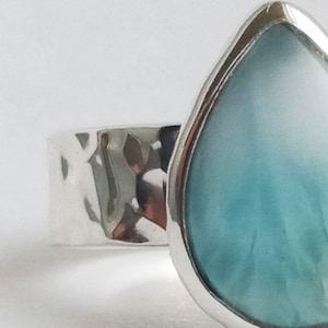 Sterling Silver Larimar Stone Ring, Gemstone Jewelry For Her, Hammered Silver Blue Stone Ring, Minimalist Ring, Boho Ring, Handmade Gift image 5