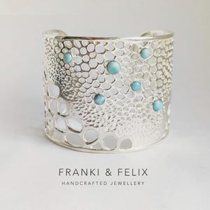 Larimar Chunky Silver Bangle Bracelet, Labyrinth Collection, Coral Pattern, Silver Plate