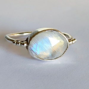 Rainbow Moonstone Sterling Silver Ring: Dainty Rose Cut Gemstone