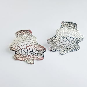 May include: A pair of silver earrings with a delicate, intricate design. The earrings are shaped like a flower with a textured surface.