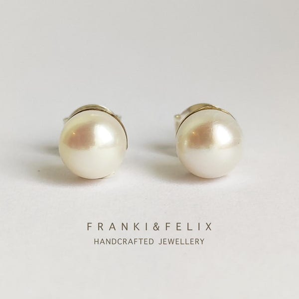 Fine Natural White Pearl Studs: Silver 925 Setting with Butterfly Fastenings