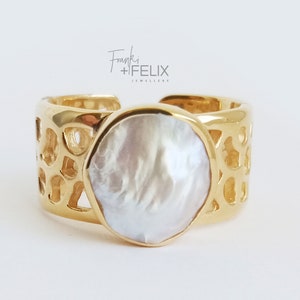 Gold Vermeil Baroque Pearl Ring: Chunky Adjustable Statement Jewelry