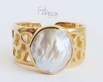Baroque Pearl Gold Ring, Sterling Silver 925, Adjustable Statement Ring