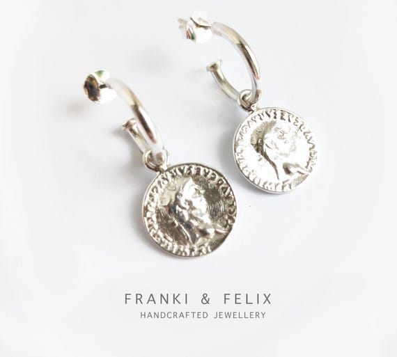 Silver Coin Huggie Hoop Earrings With Roman Replica Coins, Boho