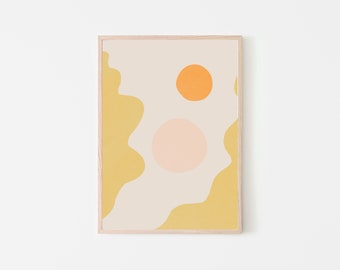 May include: Abstract art print featuring a beige background with yellow, orange, and pink shapes. The artwork includes a large yellow wavy shape, an orange circle, and a pink circle. The print is framed in a light wood frame.