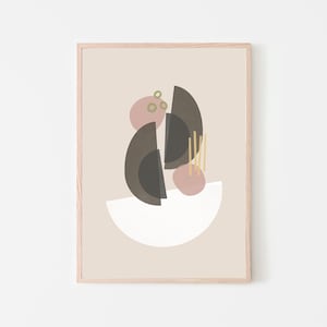 May include: Abstract art print with a beige background featuring a white, brown, and pink geometric design. The design includes a white crescent shape, two brown semi-circles, and two pink circles.