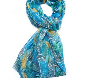 Turquoise Scarf, Mustard, Teal, Lime, Gift, Present, Spring, Mother, Mum, Gift Wrap, Floral, Leaf, Botanical, Agapanthus, Birthday,