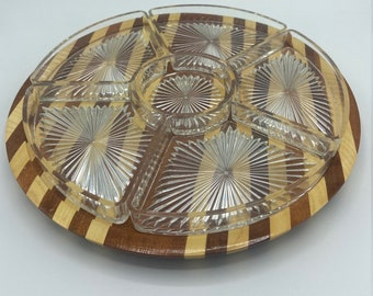 Vintage multi-section serving platter with dip tray on two tone wooden base