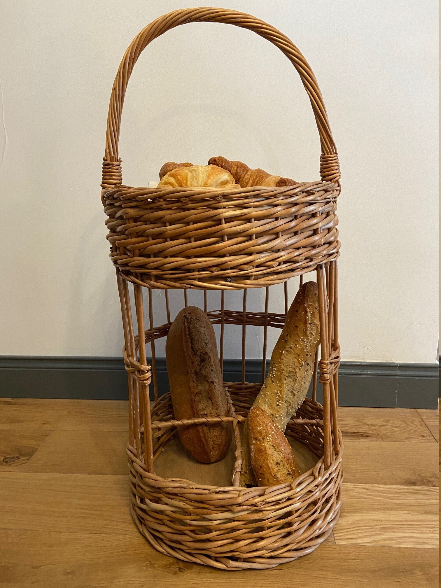 Panier à Baguettes et Pâtisseries en Bois Osier Vintage Français