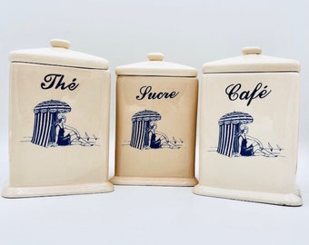 Vintage französische Keramik Vorratsdosen blau und weiß