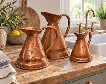 Set of 3 Antique Victorian Copper Jugs, Graduated Copper Pitchers, Rustic Farmhouse Kitchen Decor, Vintage Flower Vases