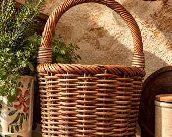 Vintage Franse gevlochten mand, rustieke rieten mand, Franse landelijke decoratie, antieke opbergmand, decoratie voor een boerderijhuis