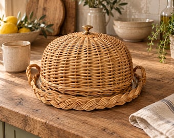 Vintage French Wicker Food Cloche with Brass Knob & Flat Glass Plate, Woven Bread Cover and Rattan Serving Tray
