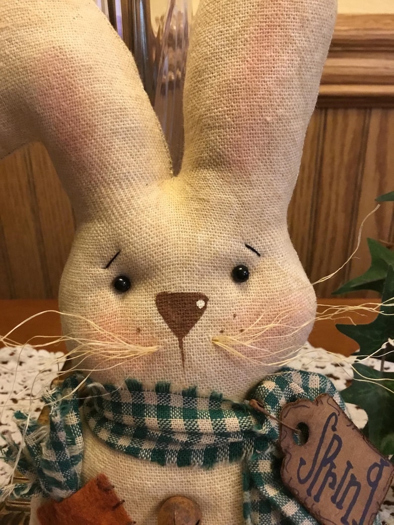 May include: A white fabric bunny wearing a green and white checkered scarf with a brown nose and black eyes. The bunny has a tag that says "Spring".